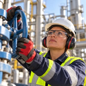 Custom energy industry training, Industrial Worker Operating Blue Valve